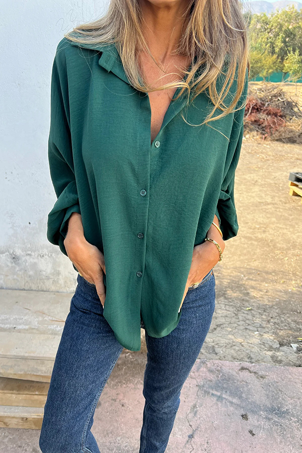 Solid Color Loose Batwing Sleeve Buttoned Casual Shirt-consonak