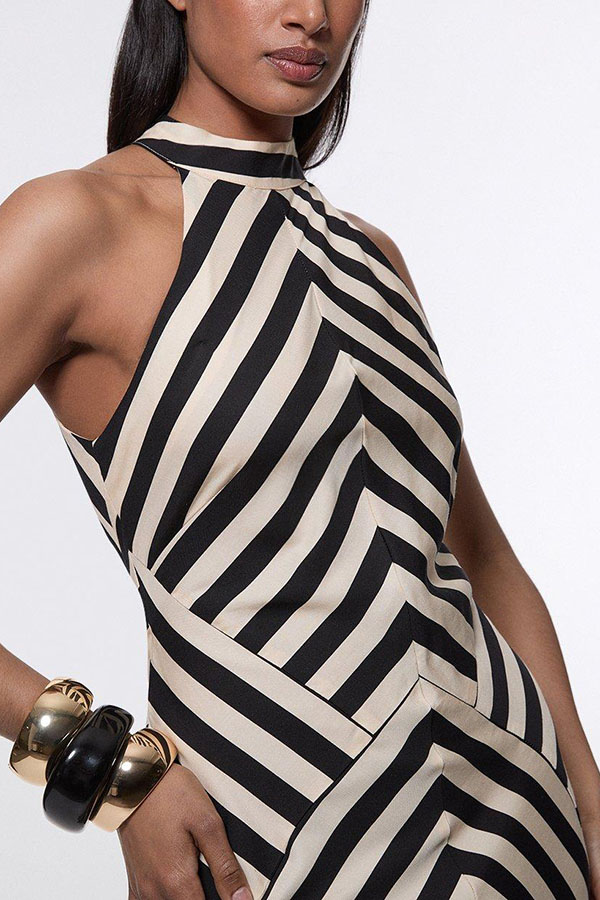 Modern Perfection Geometric Stripes Print Open Back Irregular Hem Maxi Dress-consonak