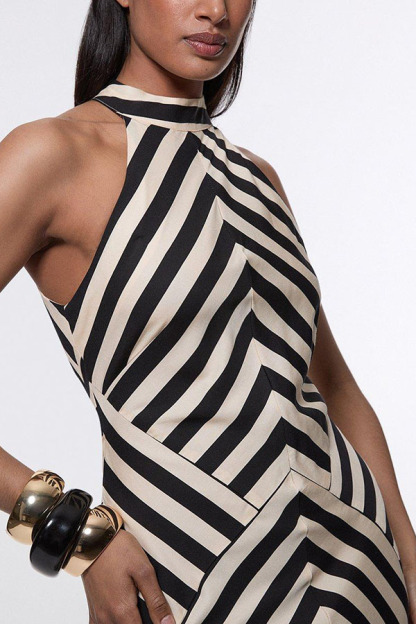 Modern Perfection Geometric Stripes Print Open Back Irregular Hem Maxi Dress-consonak