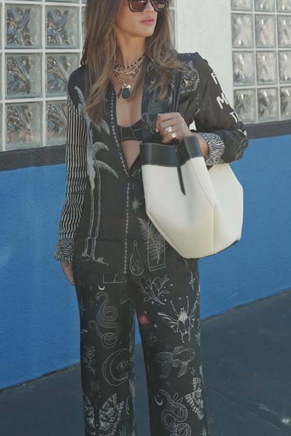 Black Magic Satin Unique Print Long Sleeve Blouse and Elastic Waist Pocket Wide Leg Pants Set-consonak