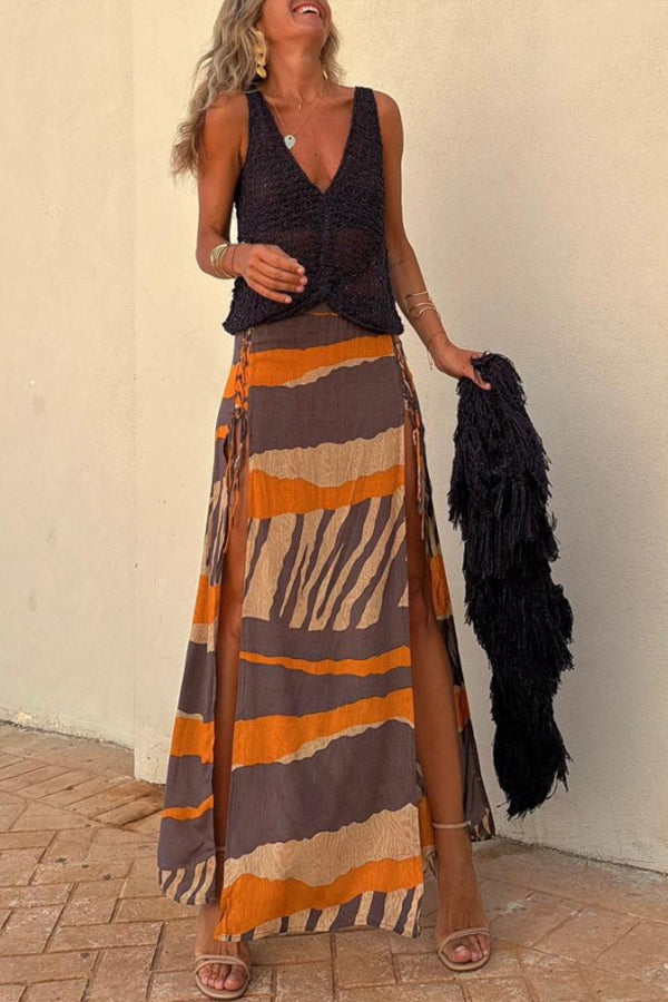 Bendita Colorblock Print Elastic Waist Side Lace-up Slit Maxi Skirt-consonak