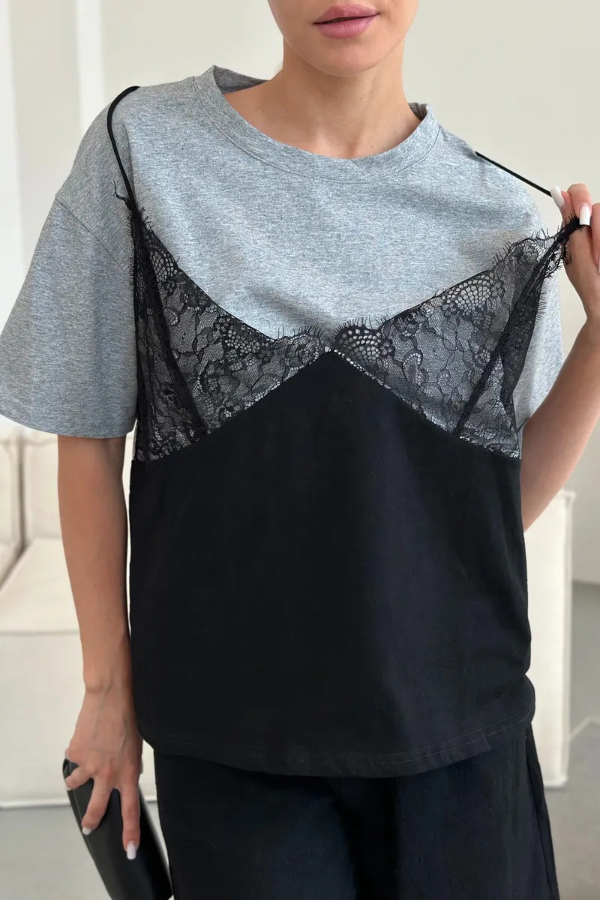 Fashionable Lace Patchwork Loose-fitting Round Neck Short-sleeved T-shirt