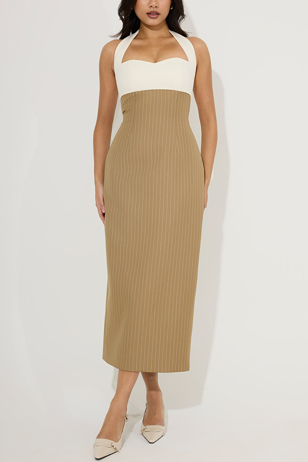 Urban Lady Mix Pinstripe Halter Sweetheart Neck Pencil Midi Dress