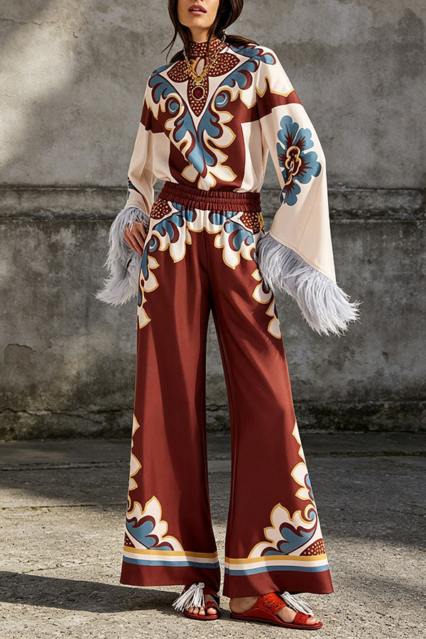 Bohemian Dreams Unique Print High Neck Feather Trim Bell Sleeve Top-Consonak