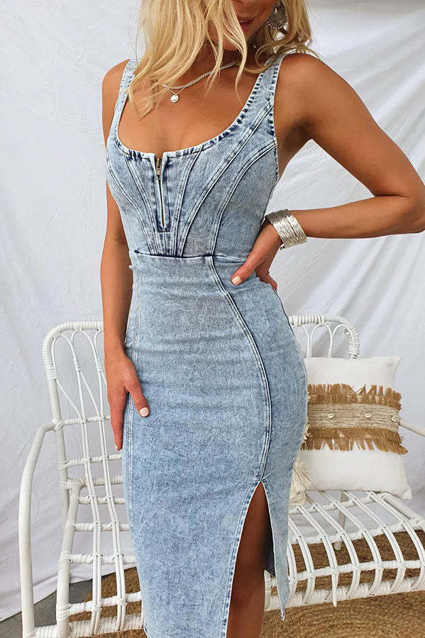 This Seasons Staple Denim Adjustable Straps Zip-up Firm Stretch Midi Dress-consonak