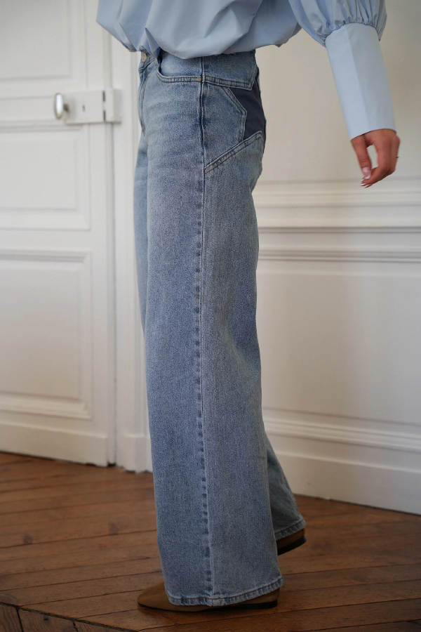 Stylish Denim Colorblock Star Patterned Mid Waist Pocket Wide Leg Jeans