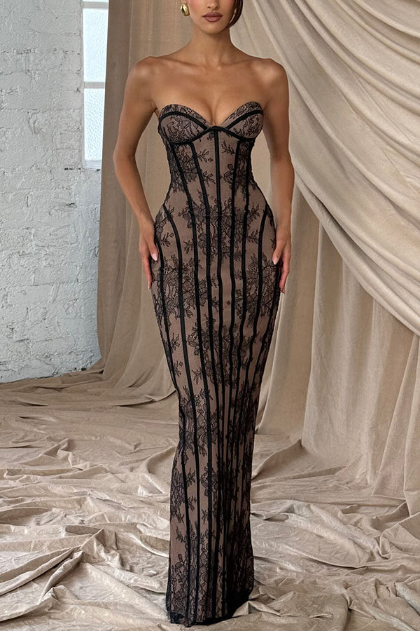 Sian Floral Lace Contrast Structural Detail Back Lace-up Strapless Slit Maxi Dress-consonak