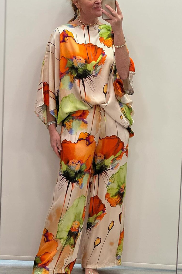 Satin Botanical Print Crew Neck Casual Top and Elastic Waist Loose Pocket Pants Set-consonak