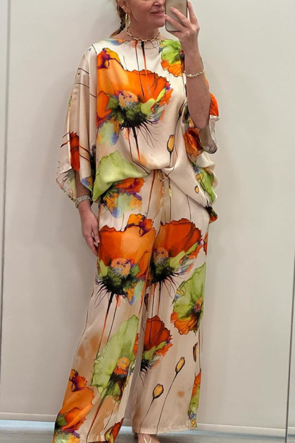 Satin Botanical Print Crew Neck Casual Top and Elastic Waist Loose Pocket Pants Set-consonak