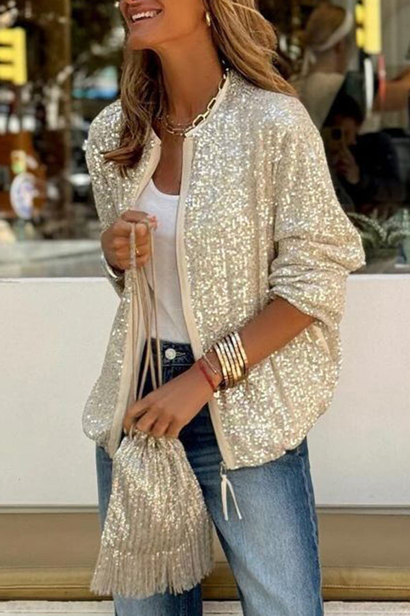 Star Kisses Sequin Zipped Long Sleeve Relaxed or Party Coat-consonak