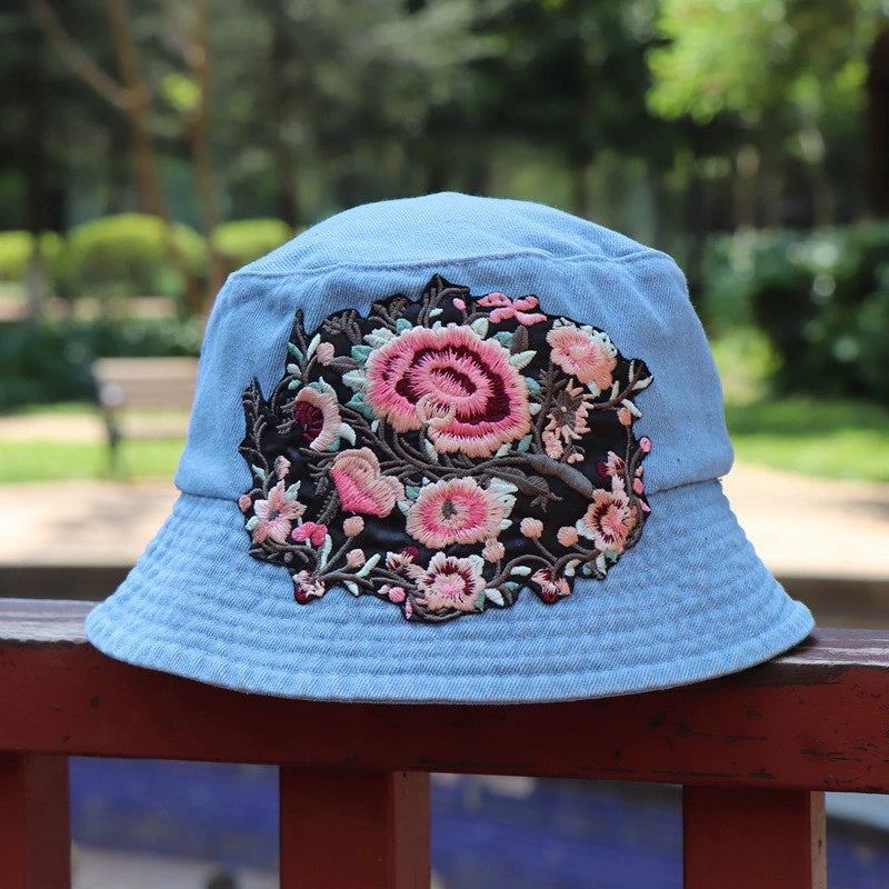 Fashionable Ethnic Style Embroidered Denim Bucket Hat-consonak