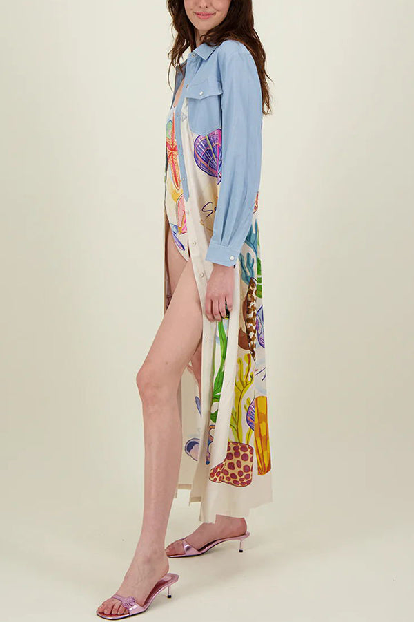 Take A Trip Marine Elements Unique Print Patchwork Pocketed Long Shirt Coat | Consonak