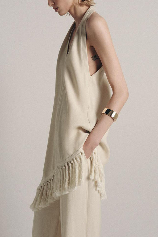 Kortnie Linen Blend Tassel Hem Halter A-line Top and High Rise Pocket Wide Leg Slit Pants Set-consonak
