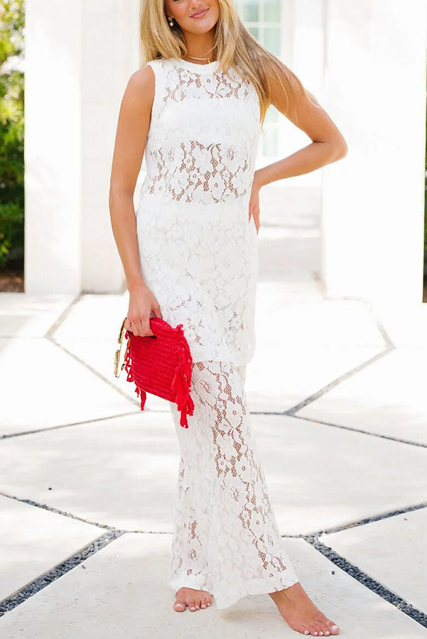 Chic Summer Floral Lace Sleeveless Midi Top and Elastic Waist Loose Pants Set-consonak