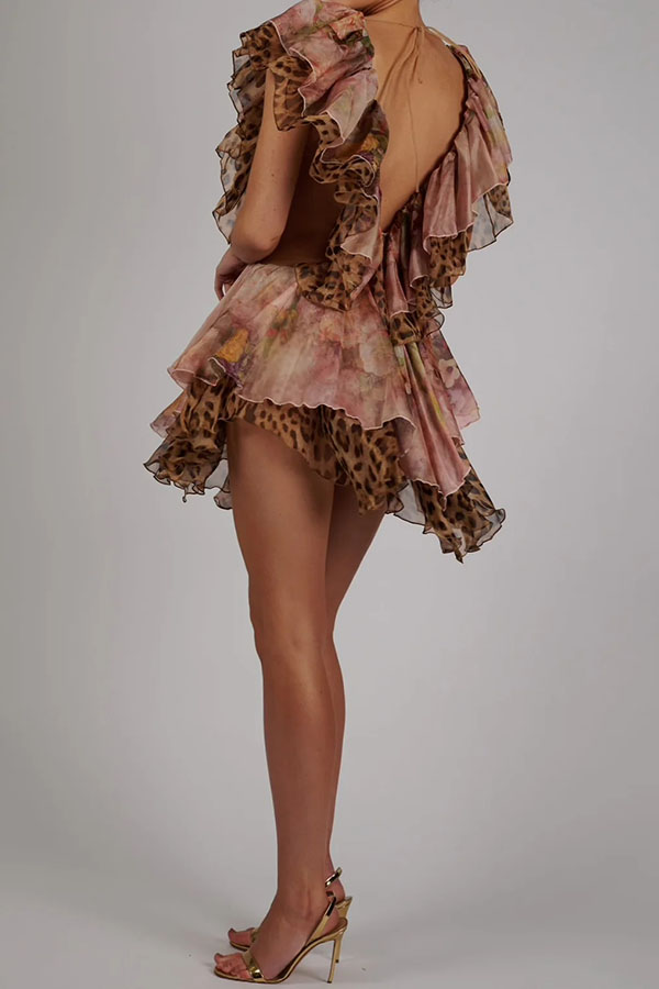 Dreamy Island Floral Leopard Print Cutout Waist Tiered Ruffles Mini Dress-consonak