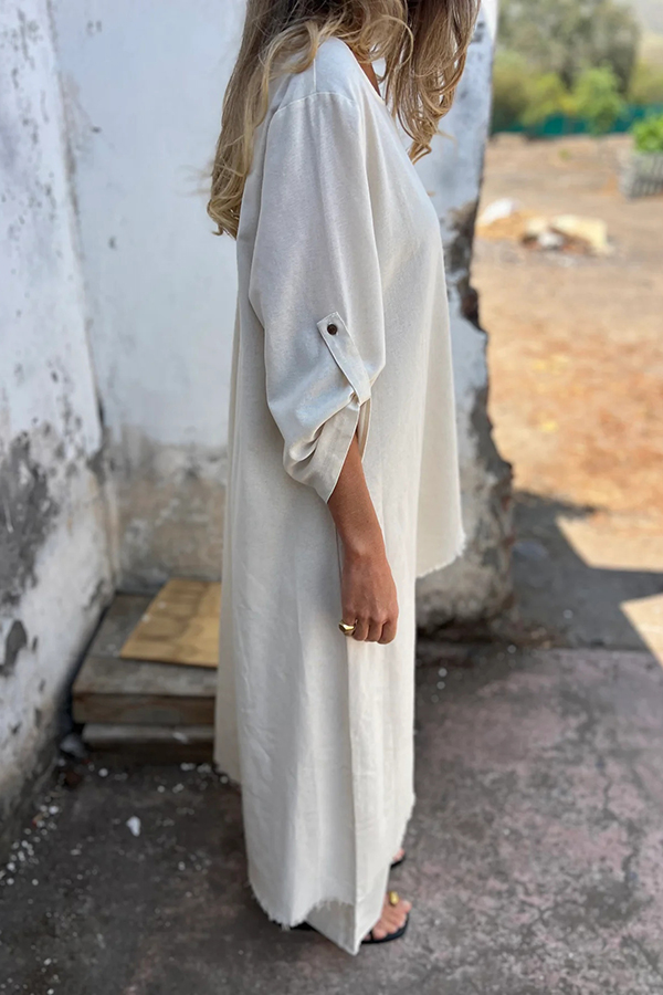 Jamilah Linen Blend Ring Detail Midi Blouse  and Elastic Waist Pocketed Loose Pants Set | Consonak