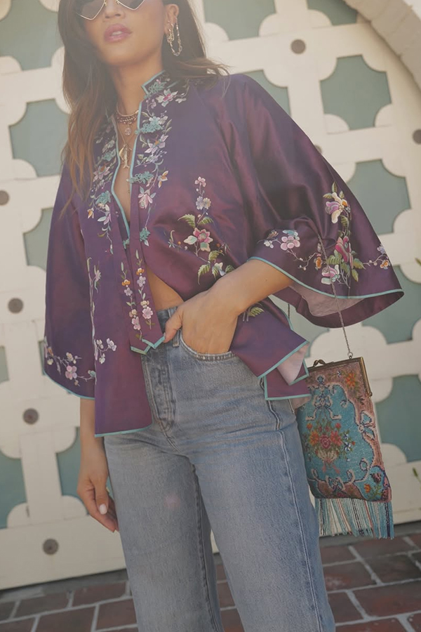 Vintage Dreams Satin Floral Print Cheongsam Style Neck Half Sleeve Blouse