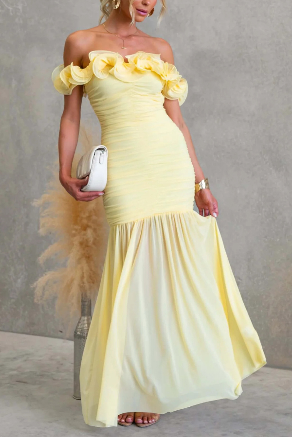 Solid Color Off-shoulder Pleated Backless Slim-fit Elegant Mesh Maxi Dress
