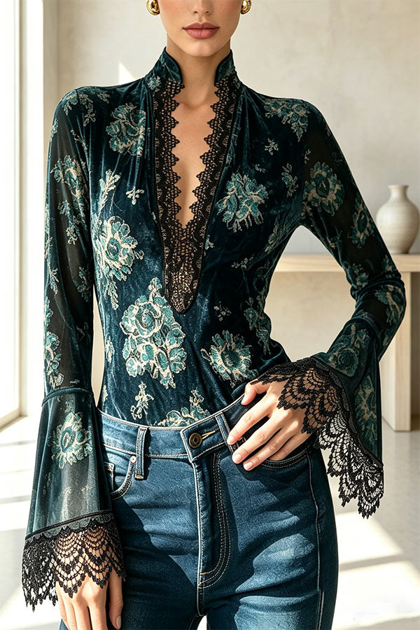 Opulent Midnight Floral Velvet Top-Consonak