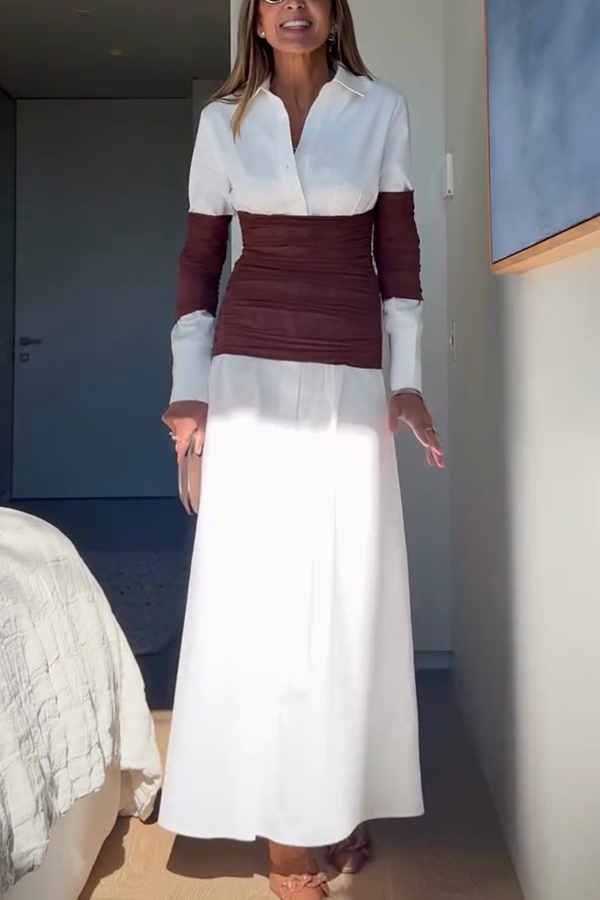 Fashionable Pleated Contrast Patchwork Waist Long Sleeve Button Shirt Maxi Dress-consonak