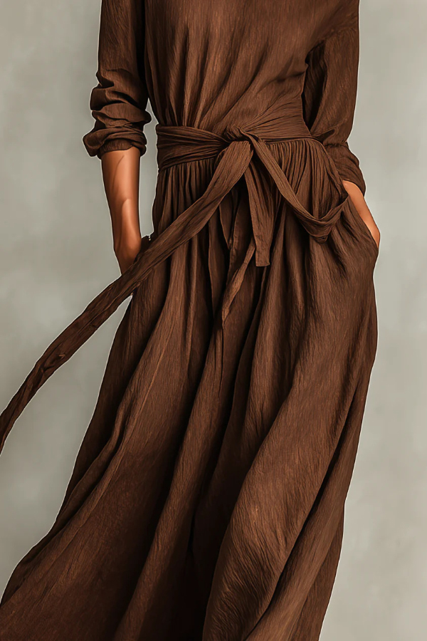 Linen Blend Round Neck Long Sleeve Waist Tie Casual Pocket Maxi Dress
