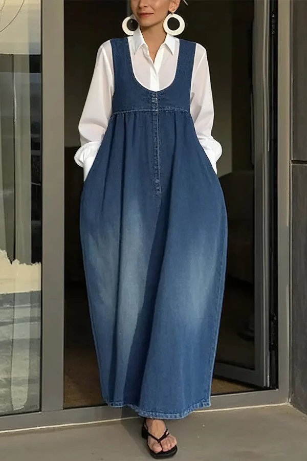 Stylish Sleeveless Loose-fitting Pocket Casual Denim Maxi Dress | Consonak