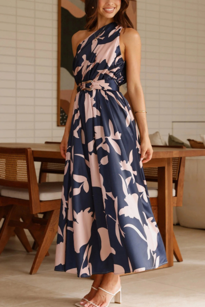 Unique Printed One-Shoulder Belt Casual Holiday Maxi Dress