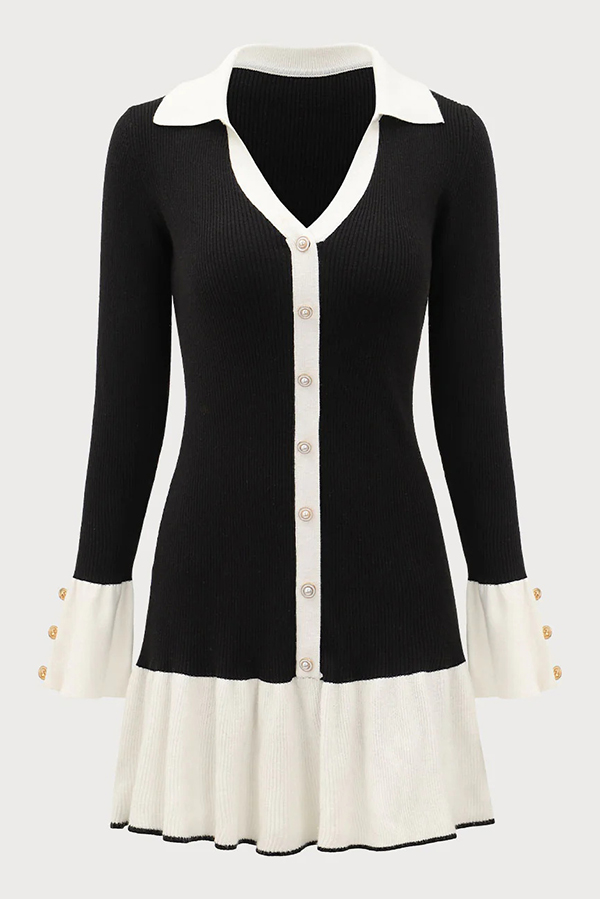 Stylish Color-blocked Long-sleeved Button-decorated Knitted Mini Dress-consonak