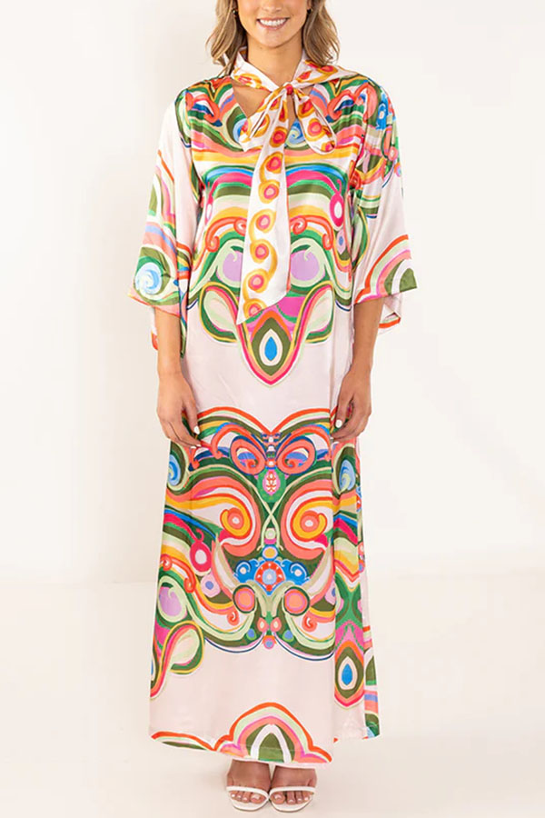 Venice Satin Colorful Baroque Style Print High Neck Tie-up Half Bell Sleeve Maxi Dress-consonak