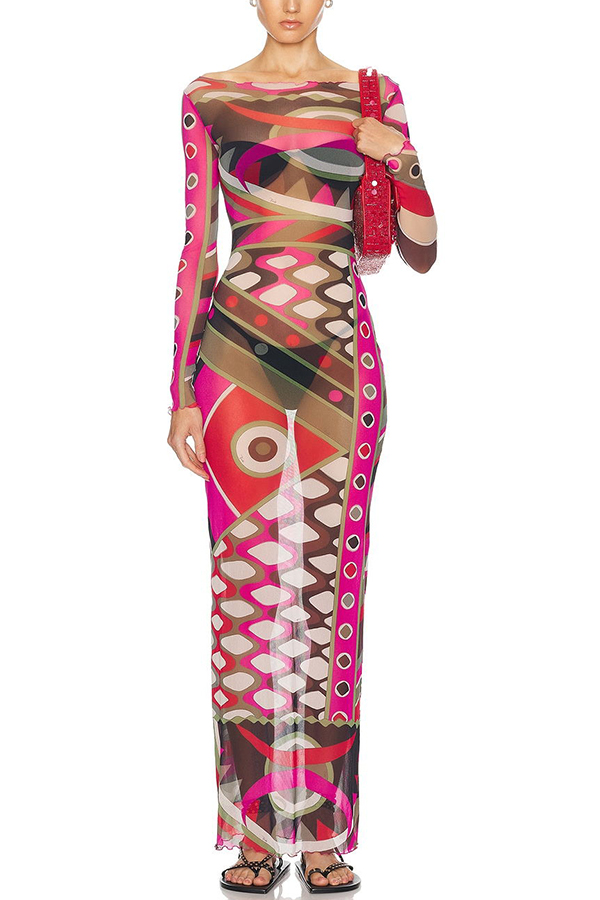 Gypsy Girl Mesh Unique Print Wide Neck Long Sleeve Stretch Maxi Dress-consonak