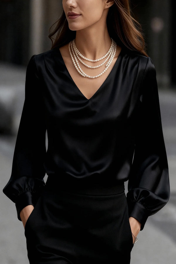 Solid Color Satin V-neck Puff Sleeve Casual Shirt-consonak