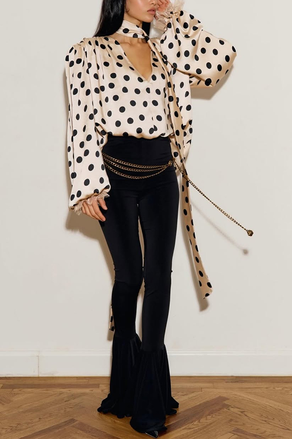 Chrissa Satin Polka Dot Print Lace Trim Tie-up Neck Balloon Sleeve Loose Blouse | Consonak