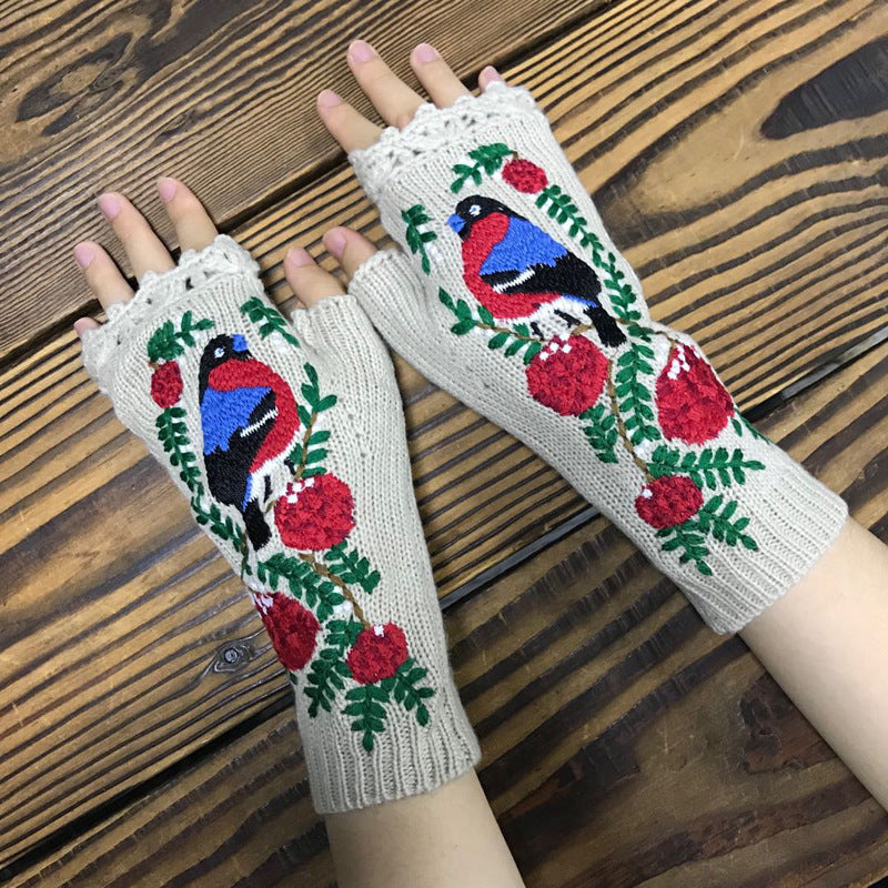Little Red Bird Flower Embroidery Knitted Warm Gloves-consonak