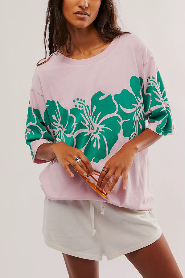 Floral Print Loose Round Neck Short Sleeve T-shirt-consonak