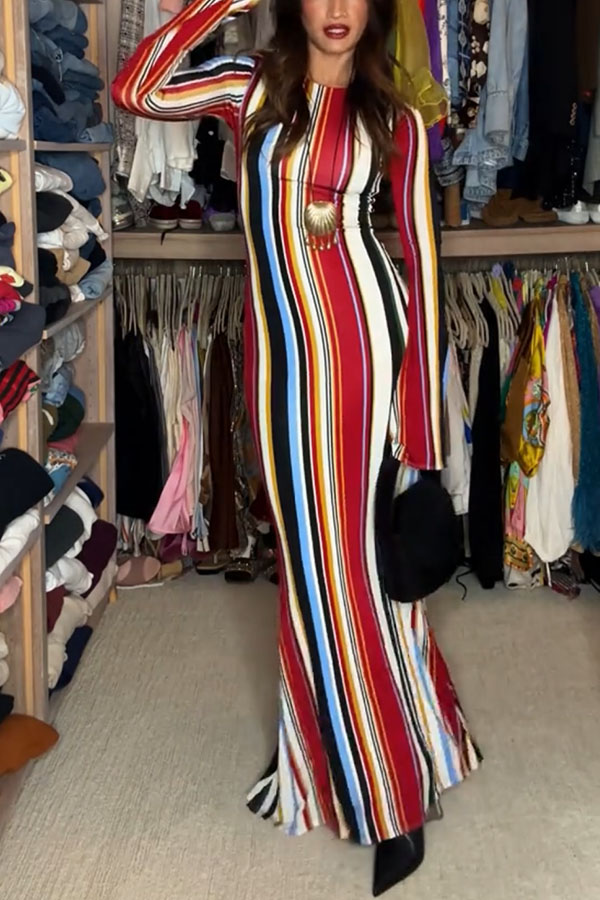 Vibrant Holiday Colorful Striped Print Extra Long Sleeve Fitted Flared Maxi Dress-consonak