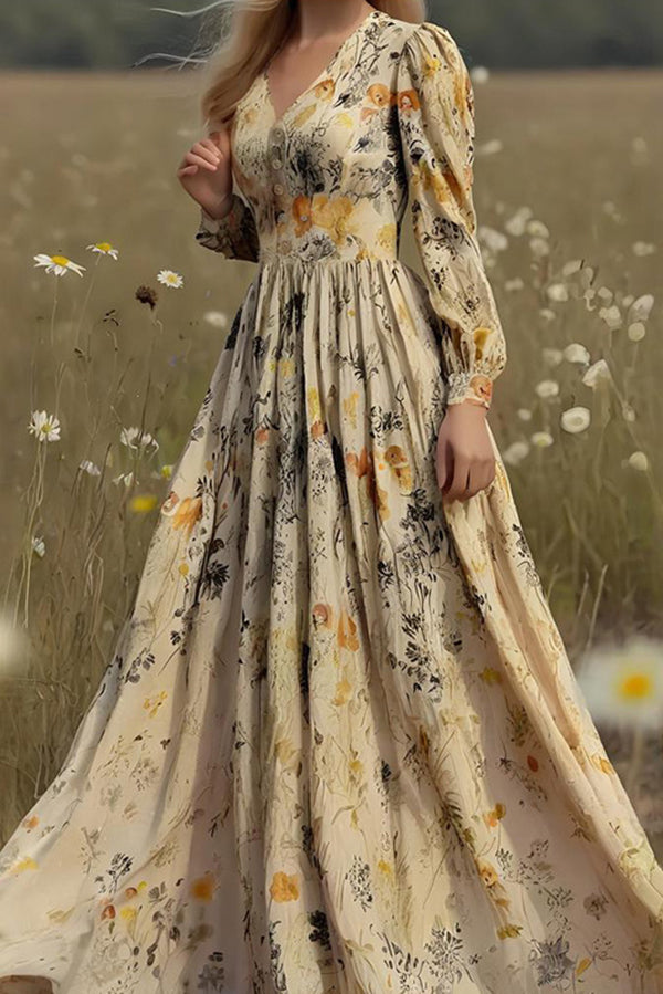 Floral Print Long-Sleeved Fitted Waist Casual Holiday Maxi Dress-consonak