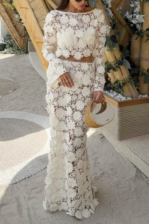 Stylish Long-sleeved Backless Lace Top and Elegant Openwork Maxi Fishtail Skirt Set | Consonak