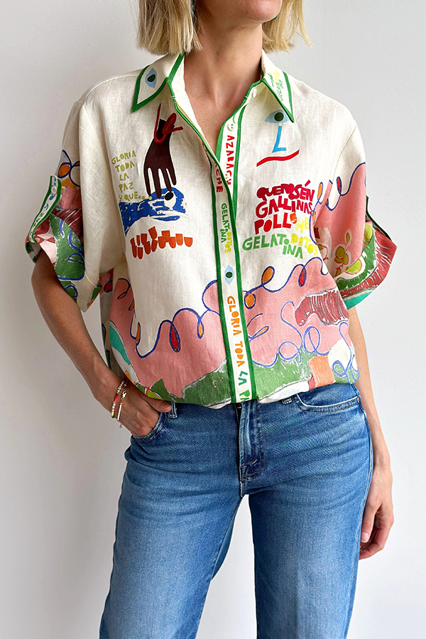 Miena Linen Blend Unique Print Short Sleeve Button Up Oversized Shirt-consonak