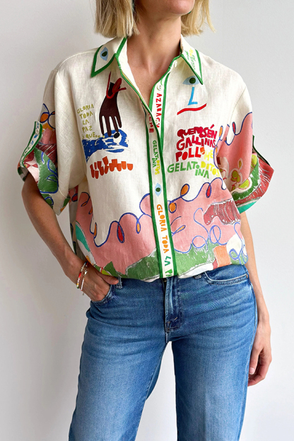 Miena Linen Blend Unique Print Short Sleeve Button Up Oversized Shirt-consonak