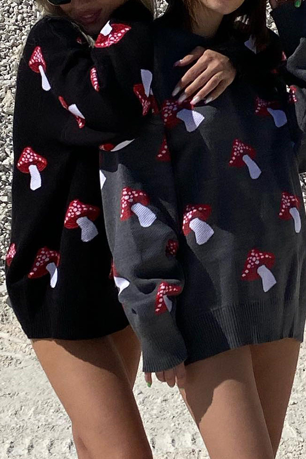 Mushroom Pattern Casual Loose Round Neck Knitted Sweater-consonak