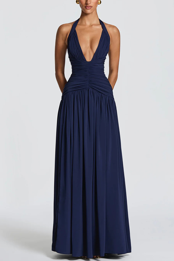 Amaris Halter Tie-up V-neck Ruched Detail Back Lace-up Slit Drape Maxi Dress-consonak