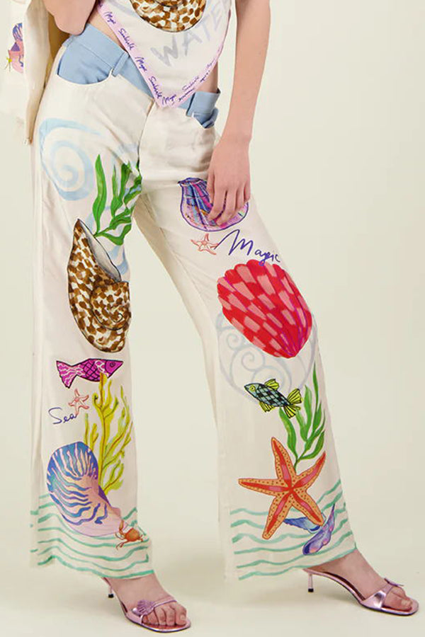 Dream Ocean Satin Unique Print Back Elastic Waist Pocketed Wide Leg Pants | Consonak