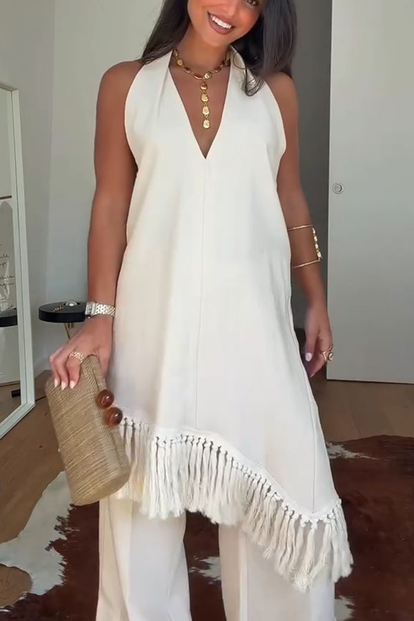 Kortnie Linen Blend Tassel Hem Halter A-line Top and High Rise Pocket Wide Leg Slit Pants Set-consonak
