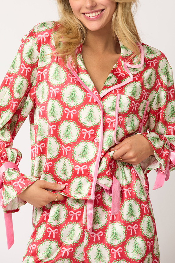 Christmas Printed Velvet Lace-up Long-sleeve Pocket Top and Elastic Waist Wide-leg Pants Set-consonak