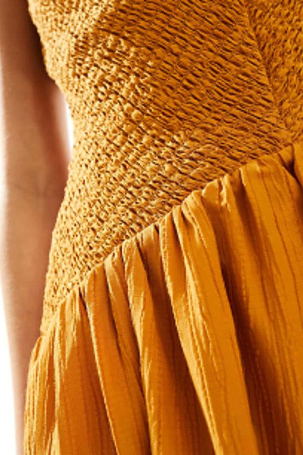 Fashionable V-neck Patchwork Smocked Sleeveless Suspender Midi Dress-consonak