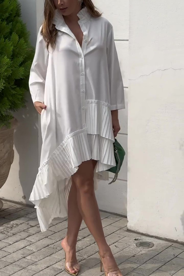 Solid Color Palace Style Loose Irregular Pleated Hem Mini Dress-consonak