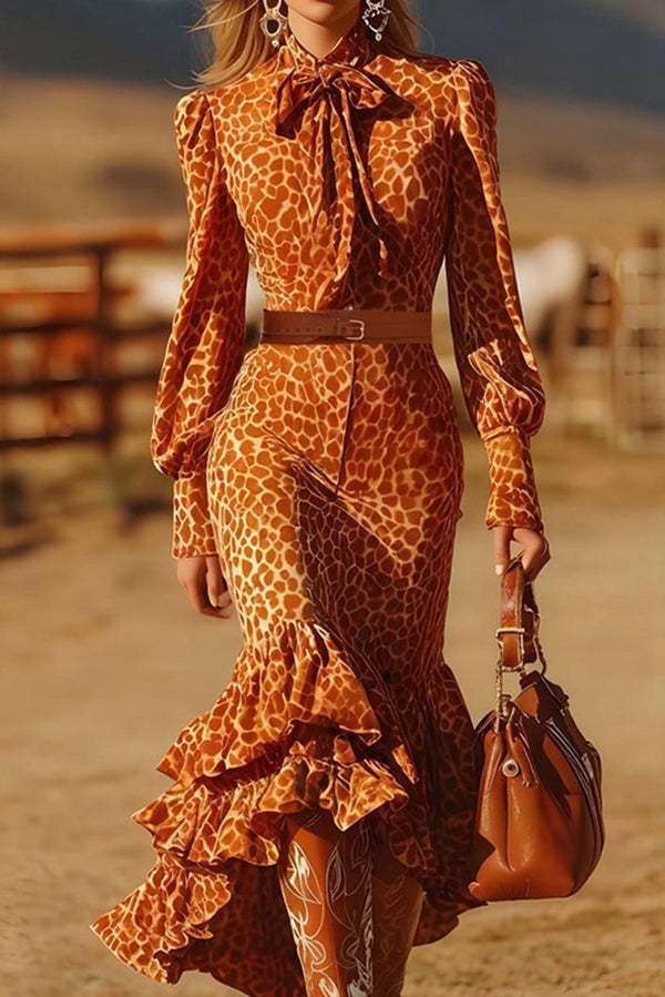 Leopard Print Long-sleeved Fitted Ruffle Maxi Dress-consonak