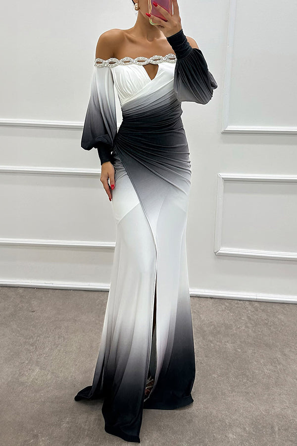 Julieta Gradient Print Boat Neck Off Shoulder Gem Detail Slit Gown Maxi Dress | Consonak