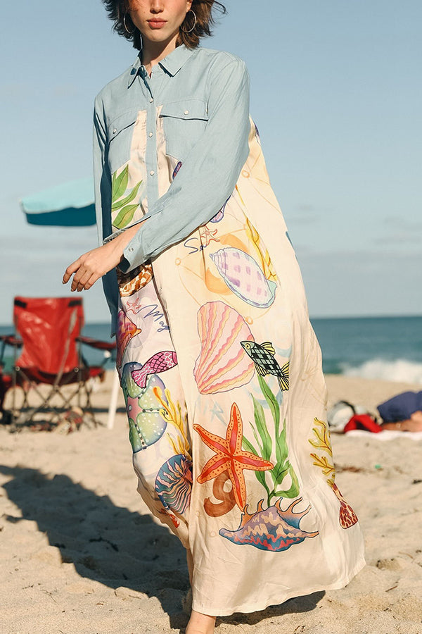 Take A Trip Marine Elements Unique Print Patchwork Pocketed Long Shirt Coat | Consonak