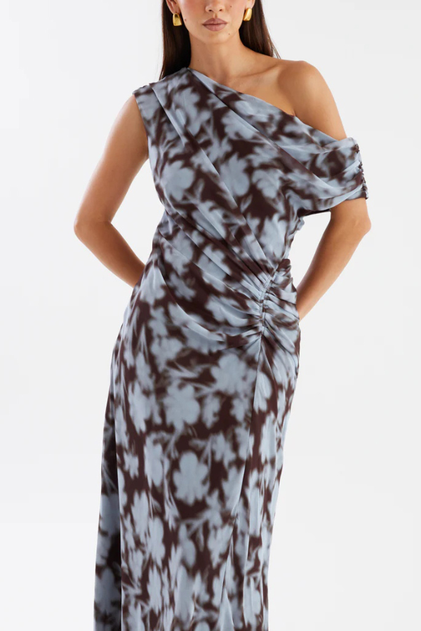 Unique Print Asymmetrical Off-Shoulder Pleated Waist Casual Maxi Dress